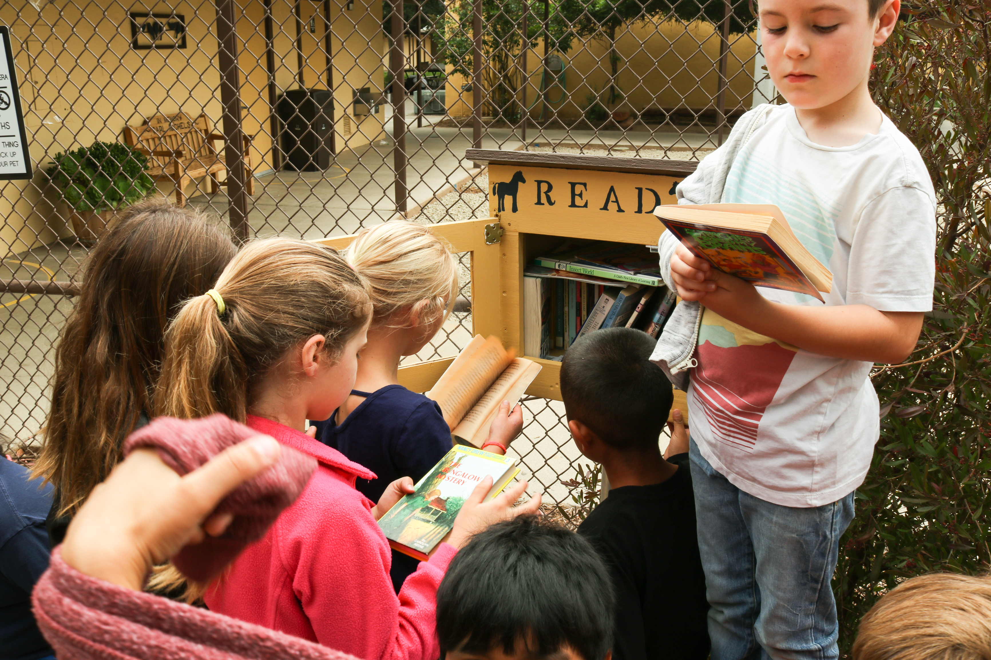 A group of kids all taking a couple of books from a Reading box installed on the school's grouds.