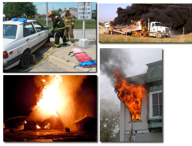 A collage of four images depicting emergency situations:Top left: Firefighters attending to a car accident, Top right: A large vehicle engulfed in flames, Bottom left: Firefighters battling an intense fire at night, Bottom right: Flames and smoke billowing from the windows