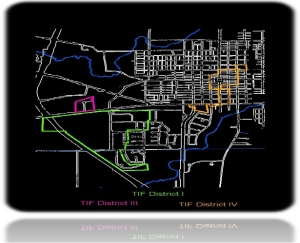 The image is a digital map displaying various Tax Increment Financing (TIF) Districts outlined in different colors against a black background