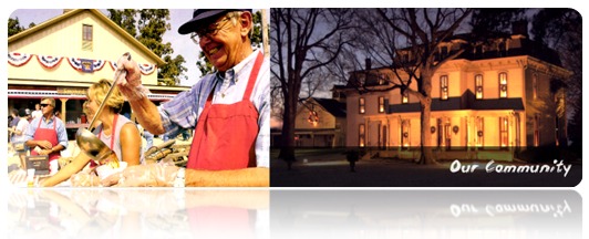 The image shows a old man holding a scoop for juice and on the right sidephoto an outside view of a big house