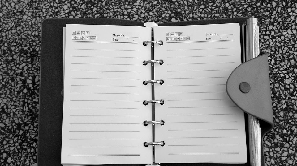 Black and white photo of an open, blank notebook. The notebook has a lined left page and a blank right page. At the top of each page is printed "Memo No." and "Date".