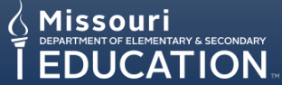 Text logo for the Missouri Department of Elementary and Secondary Education. The text is blue and arranged in three lines: "Missouri," "Department of," and "Elementary & Secondary Education".