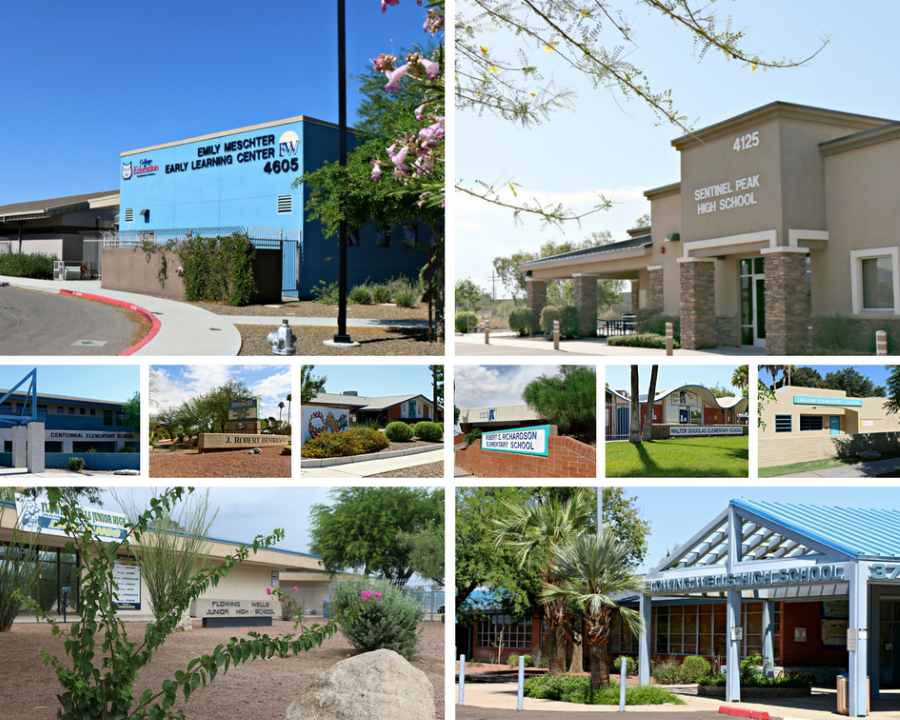 collage of the current front schools in flowing wells schools