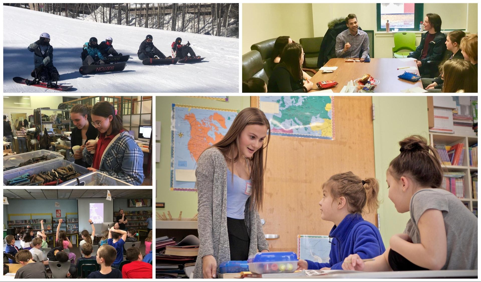 A collage of photos of people in a classroom and outside playing in the snow