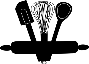 Rolling pin, spatula, ladle, and whisk on black .