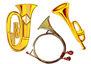 An assortment of musical instruments such as trumpets, and saxophone grouped together.