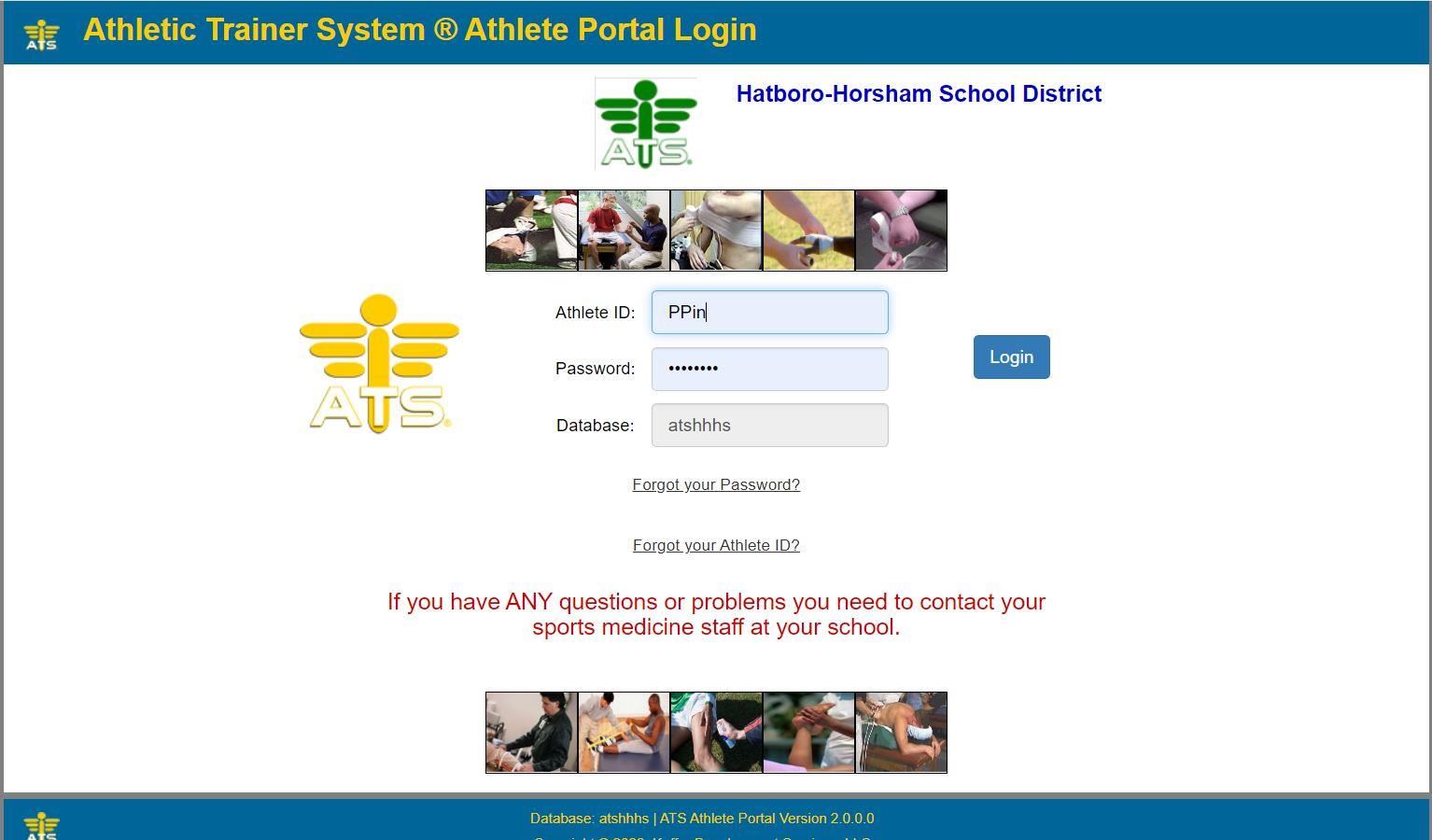 A screen shot of the athletic trainer system website