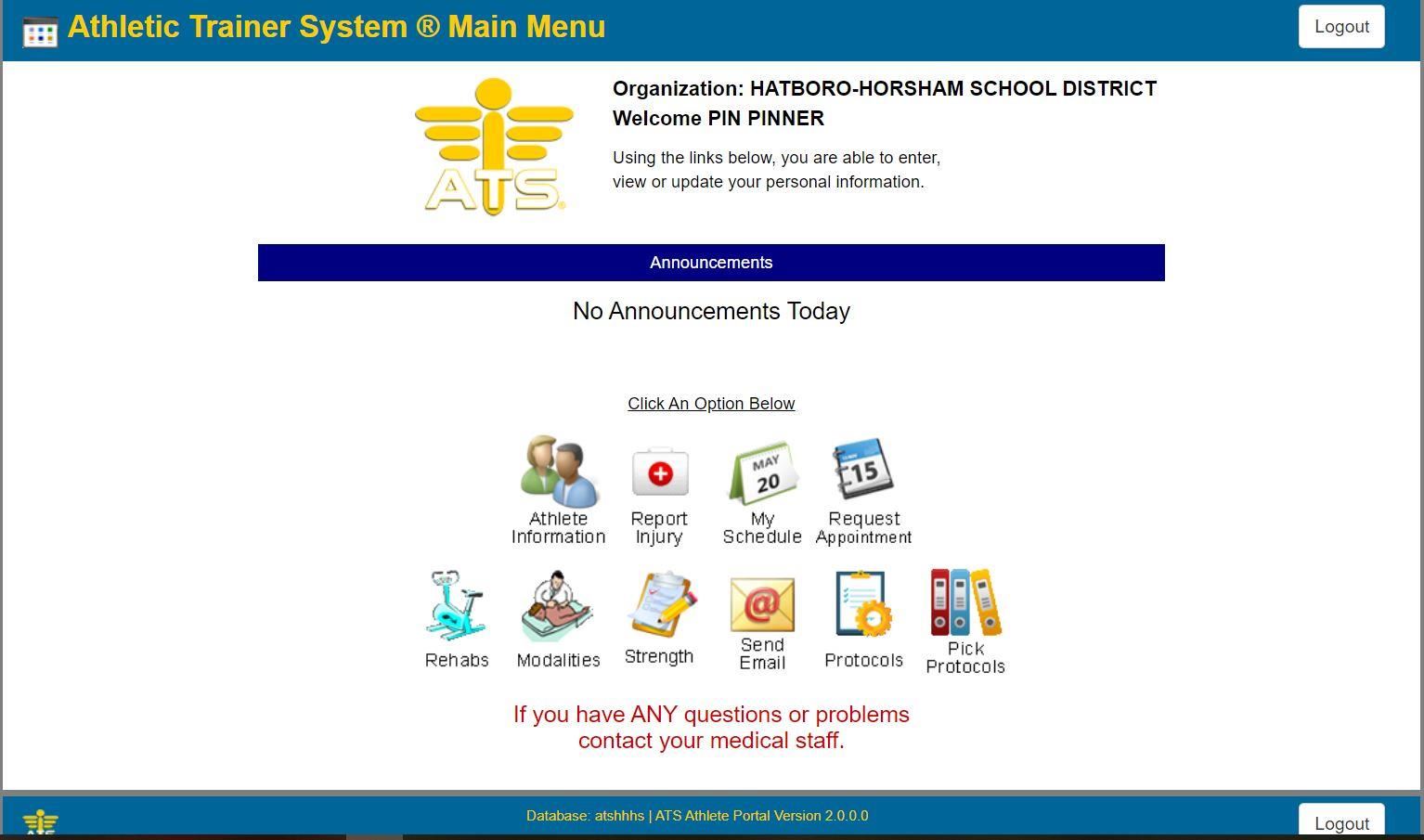 A computer screen shot of the athletic trainer system menu