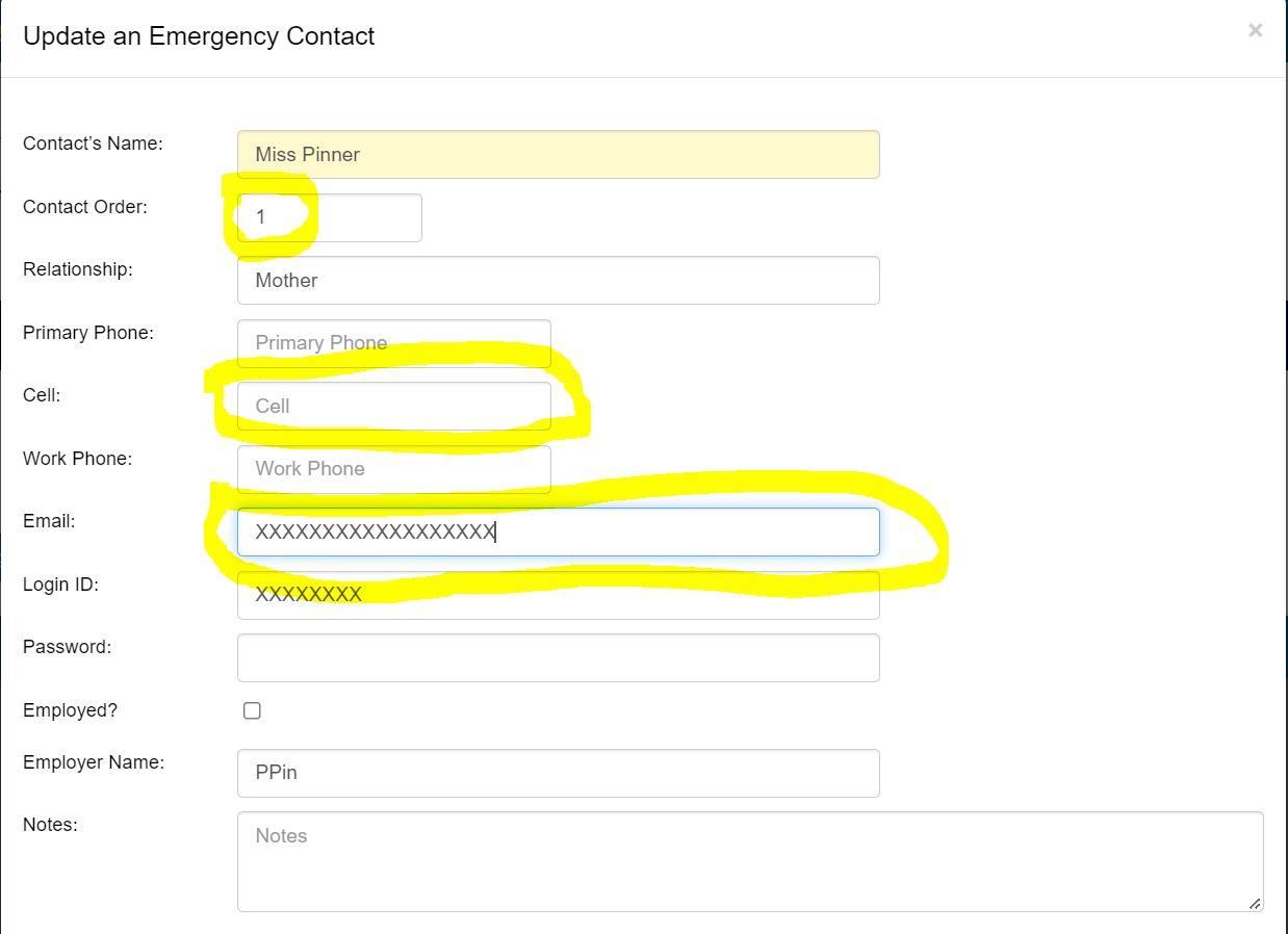 A screenshot of a contact form with Contact Order, Cell , and Email are highlighted