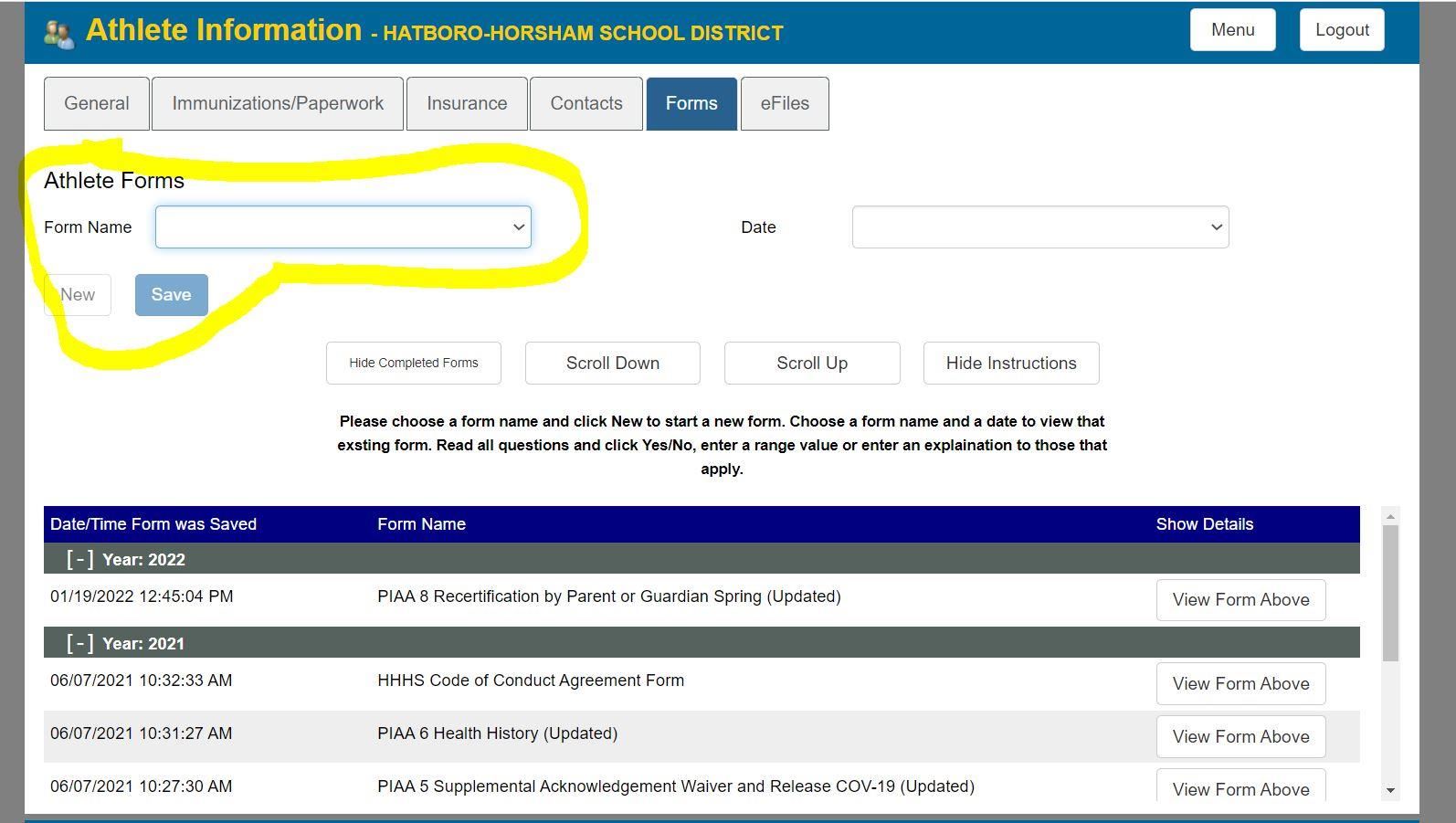 A screenshot of Forms Tab with Form Name highlighted