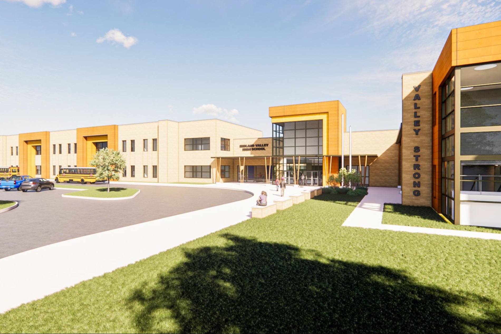 Exterior Schematic Drawing of a Yellow Brick Expansive School Building.