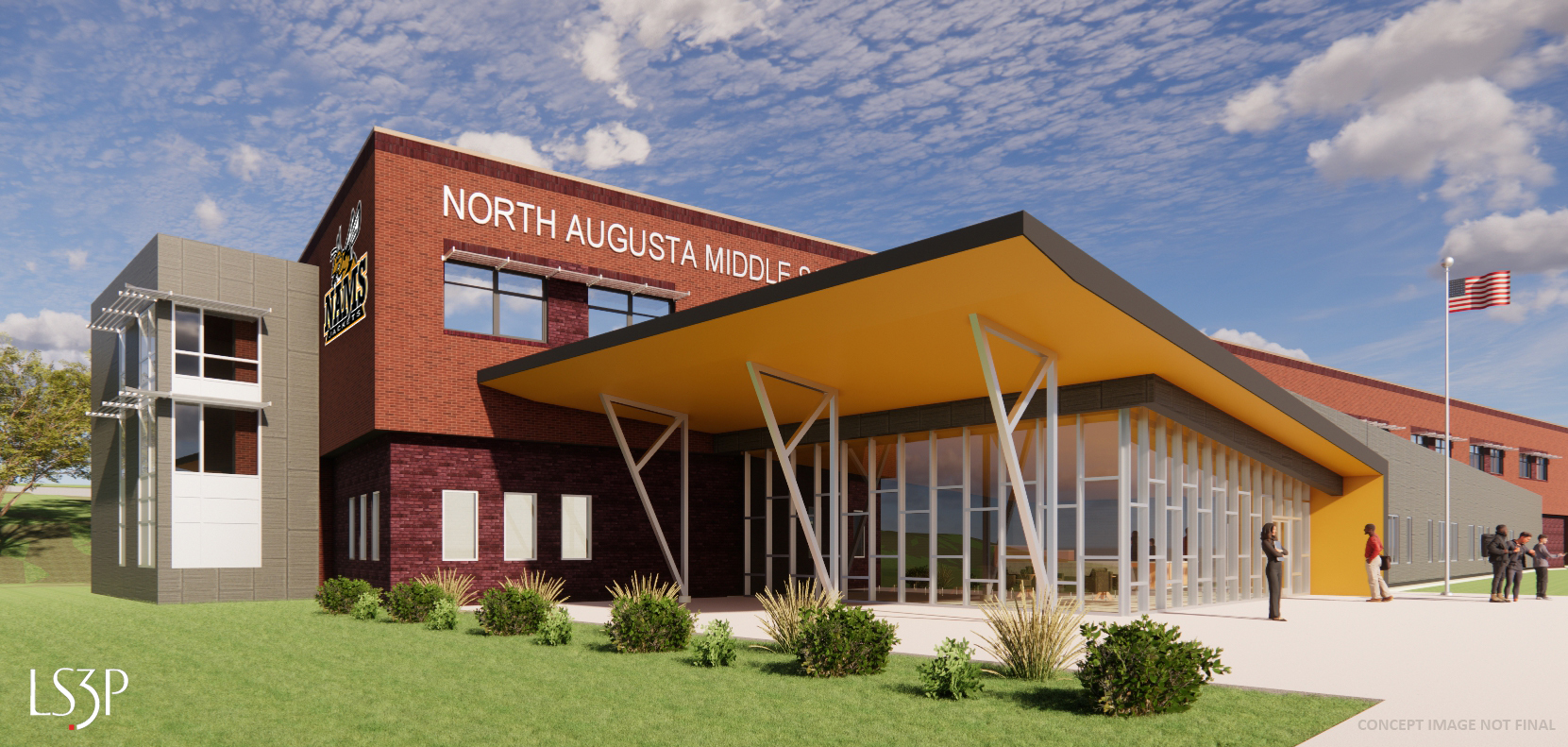 Exterior of a large entry to a school with a two story footprint and large covered entry. 