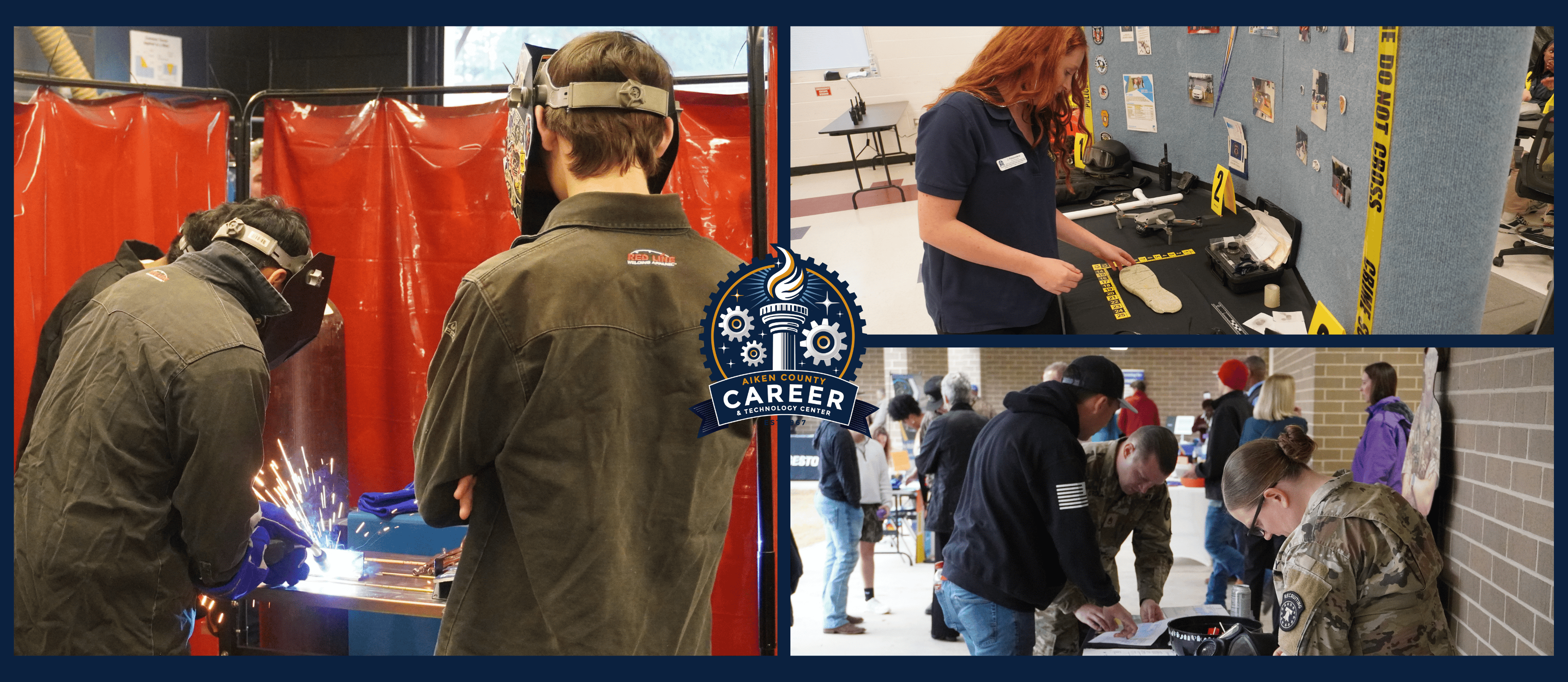 Students presenting different opportunities at Community Night including welding and forensics.