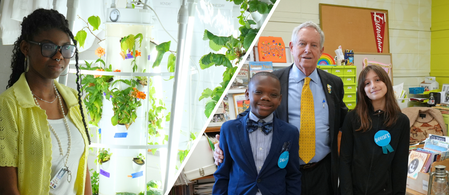 Student next to indoor plant towers and students next to congressman of South Carolina.