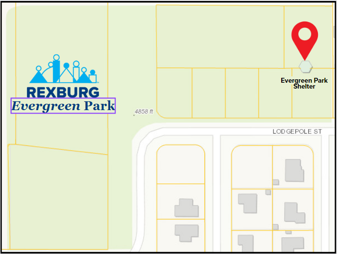 Map of Everygreen park with City logo and location marker of park shelter.