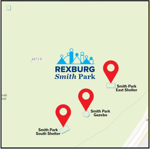 Map of Smith Park with location markers for the 4 available shelters for rent.