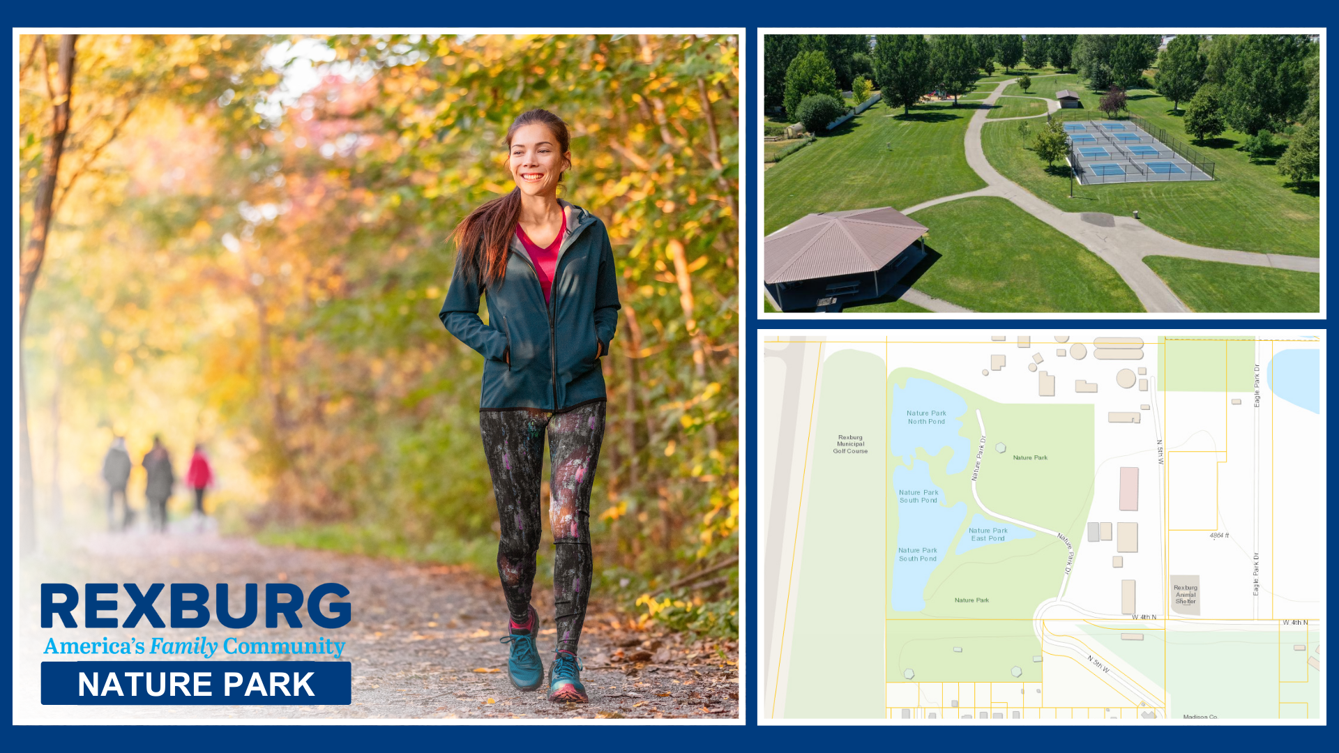 Nature Park banner image; woman walking on a nature trail; overhead image of the parks facilities and a map.