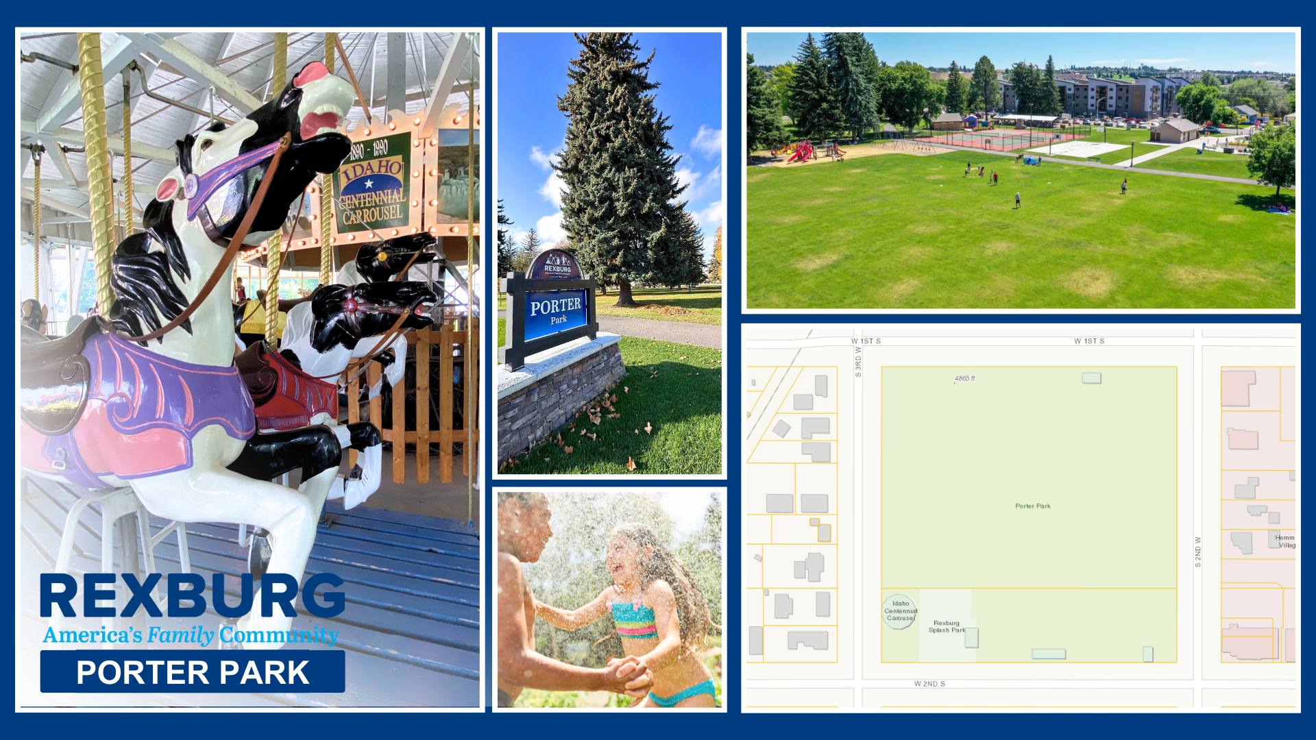 Porter Park banner; carousel horses, 2 kids playing in spraying water, Porter Park sign with path and large pine tree