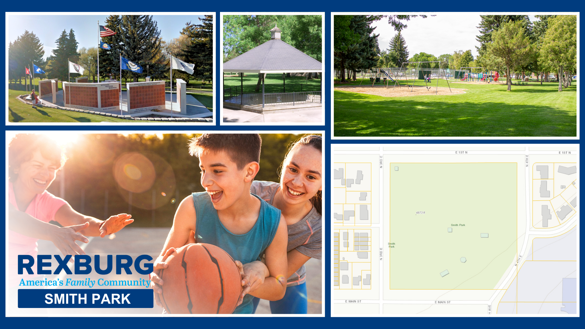 Smith Park banner; image of 2 kids and mom playing basketball, playground at Smith Park, and map of the area. 