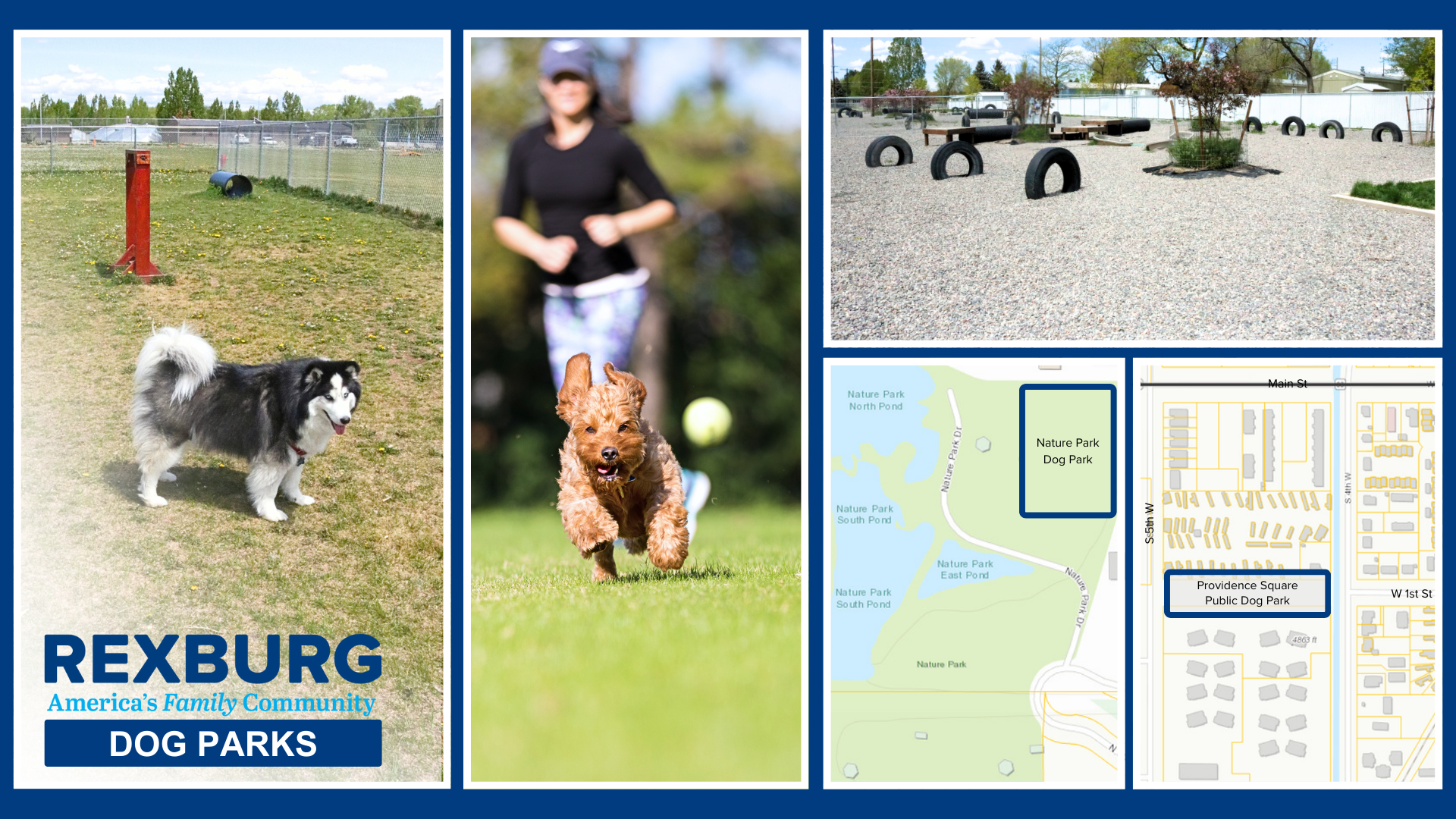 Dog Parks banner - malamute dog in park with fence and agility features, lady throwing ball for golden-doodle in a park, gravel bottom dog park with agility tire and bench features, maps of both parks