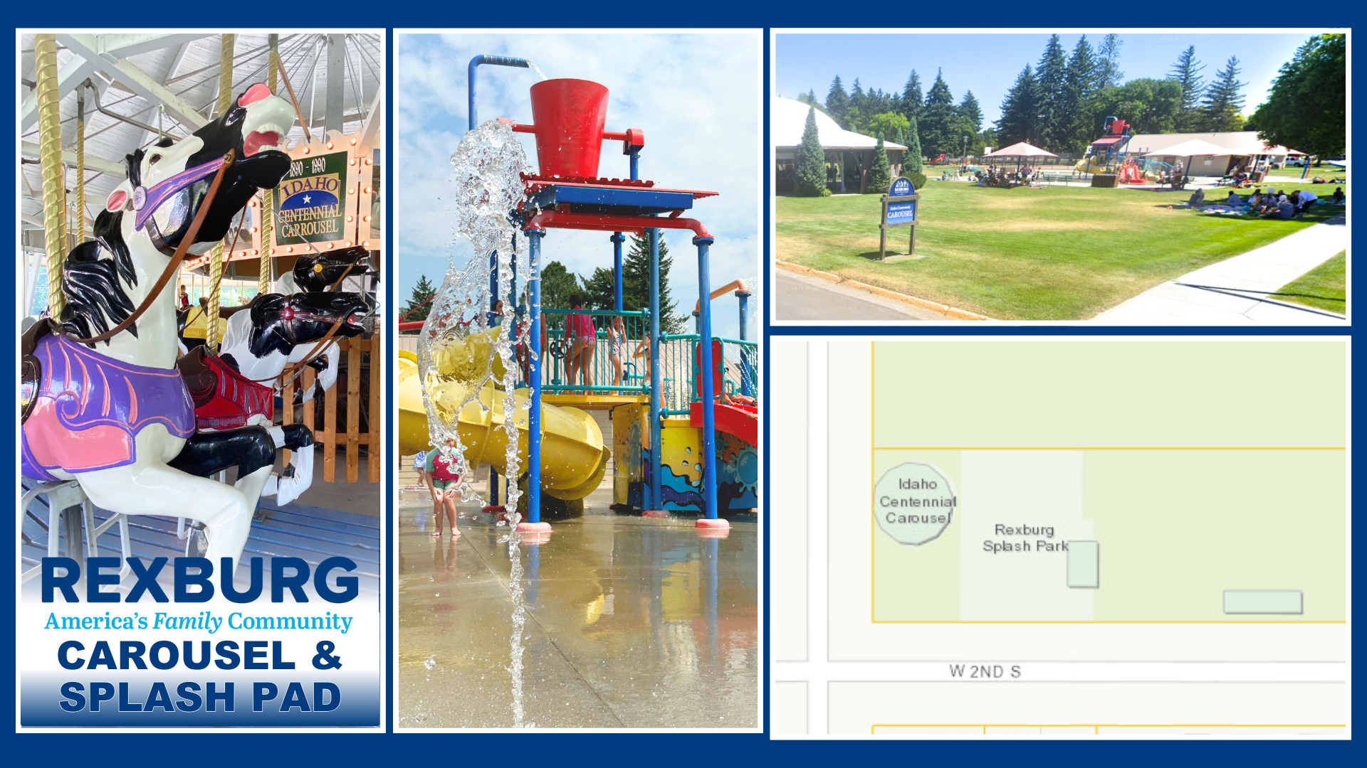 collage showing carousel horses, splash pad, view from the street, and a map of the two in Porter Park