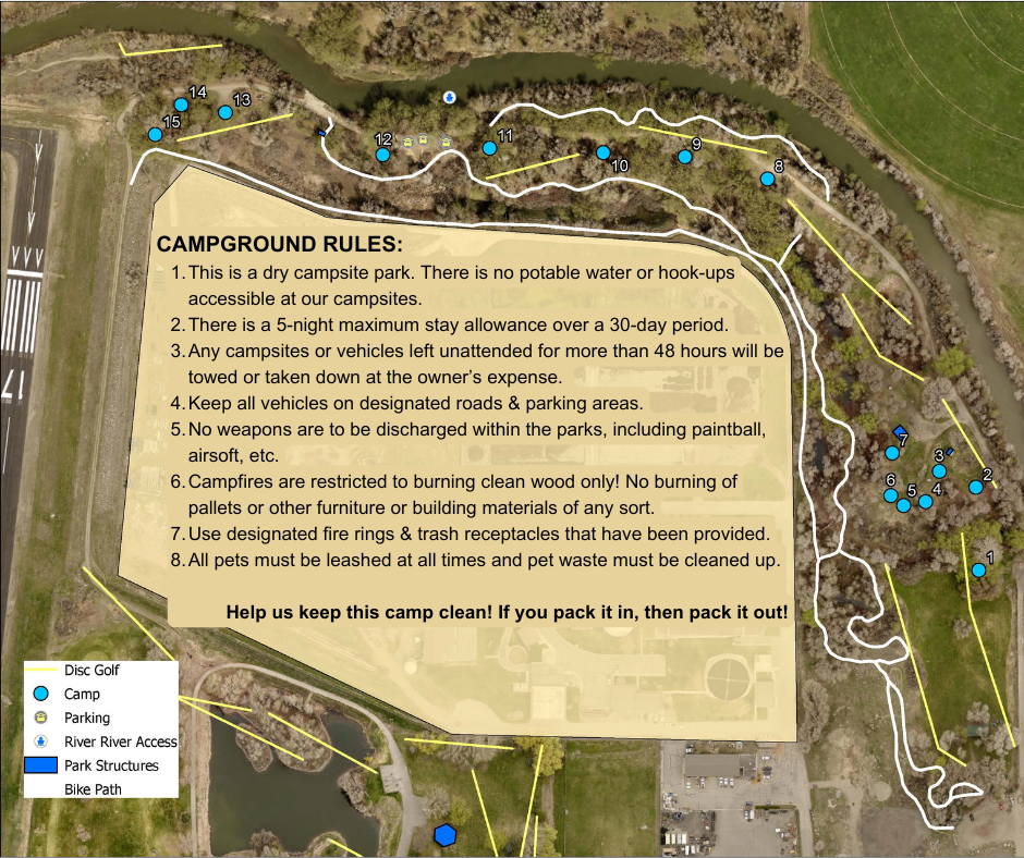 Map of Eagle Park Campsites with rules and a ledger showing activities available at the park