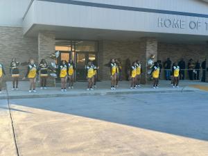 Cheerleading team outside the Arcadia gym