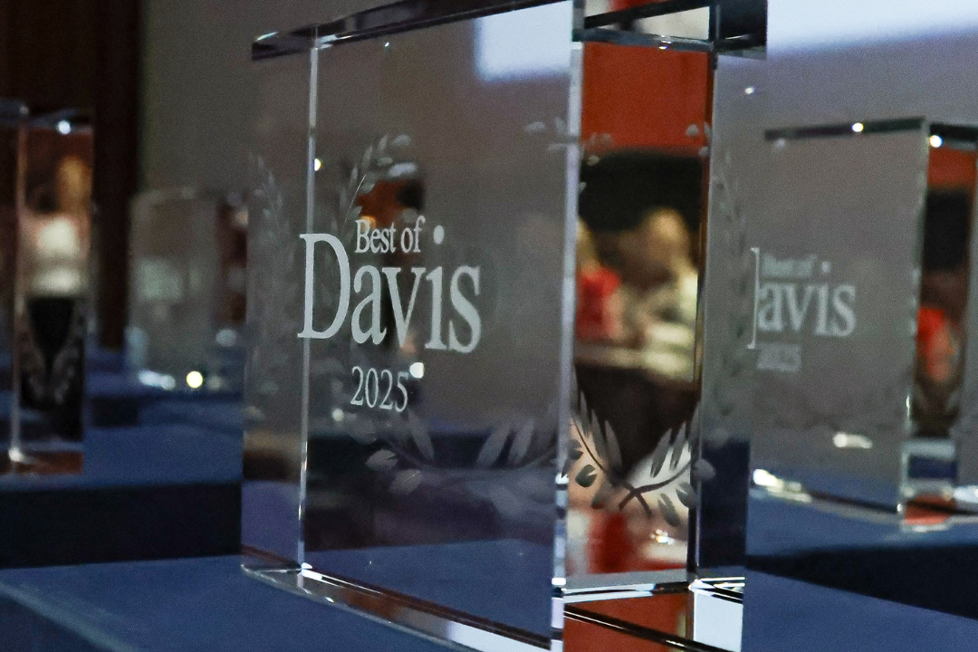 Best of Davis award on a blue tablecloth