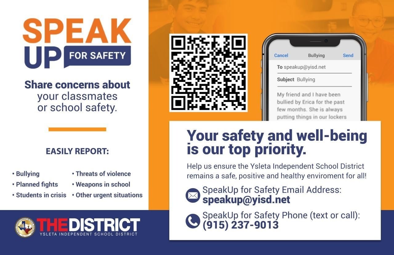 safety instruction flyer with a QR code for Bullying, Planned fights, students in crisis, threats of violence, weapons in school, other urgent situations, indicating step by step  how to report this incidents