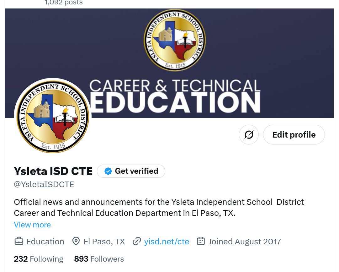 screenshot of Ysleta ISD CTE X account
