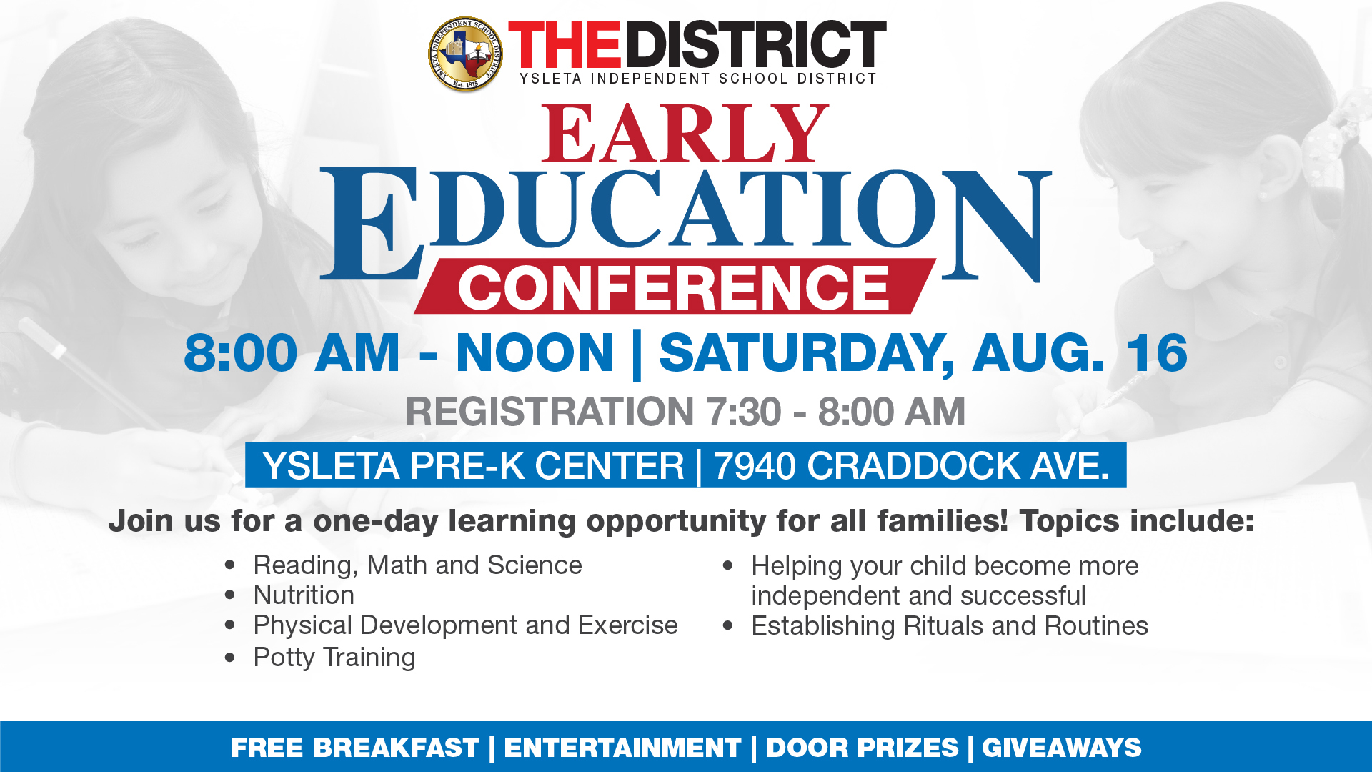 Graphic with text: Early Ed Conference, Saturday August 16.