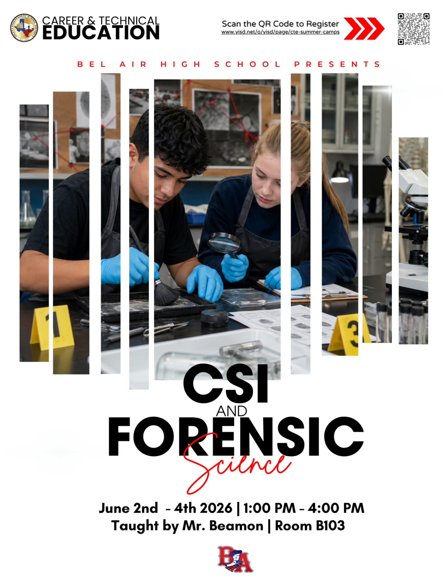 CSI and Forensic Science Camp at Bel Air High School. Two students with blue latex gloves using a hand lens and brush to observe fingerprints.