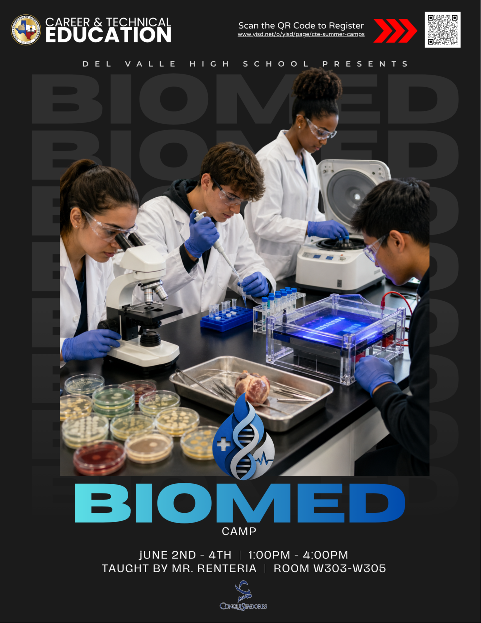 Del Valle High School Biomed camp. Four students in white lab coats working with various science equipment including a centrifuge, microscope and test tubes. 