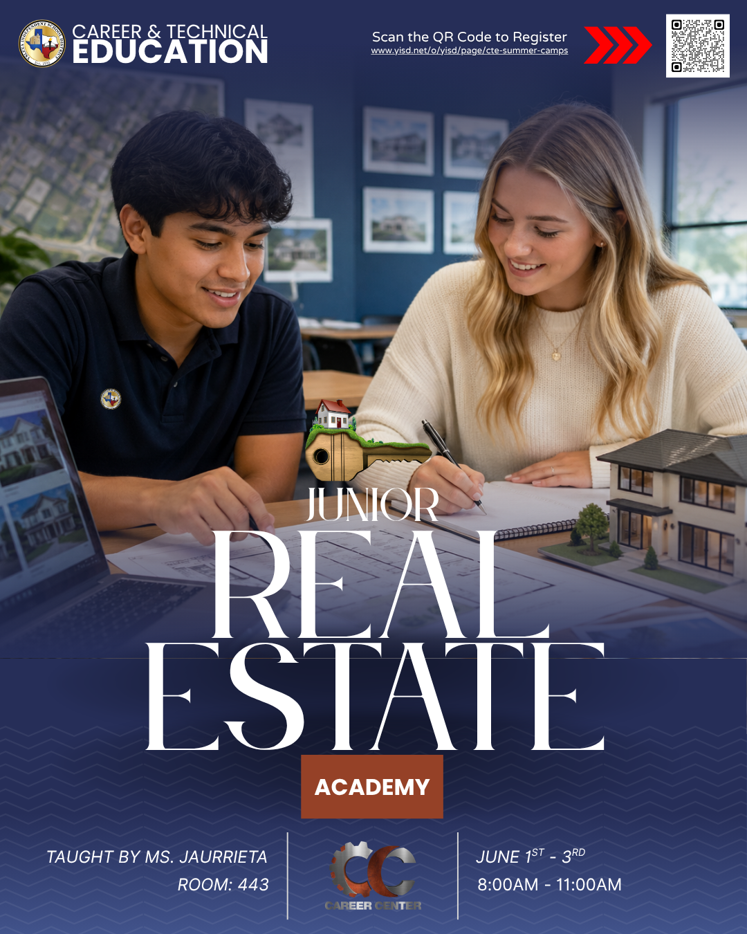 Career Junior Real Estate Academy. Two students looking a blue prints while using a computer and a model home.