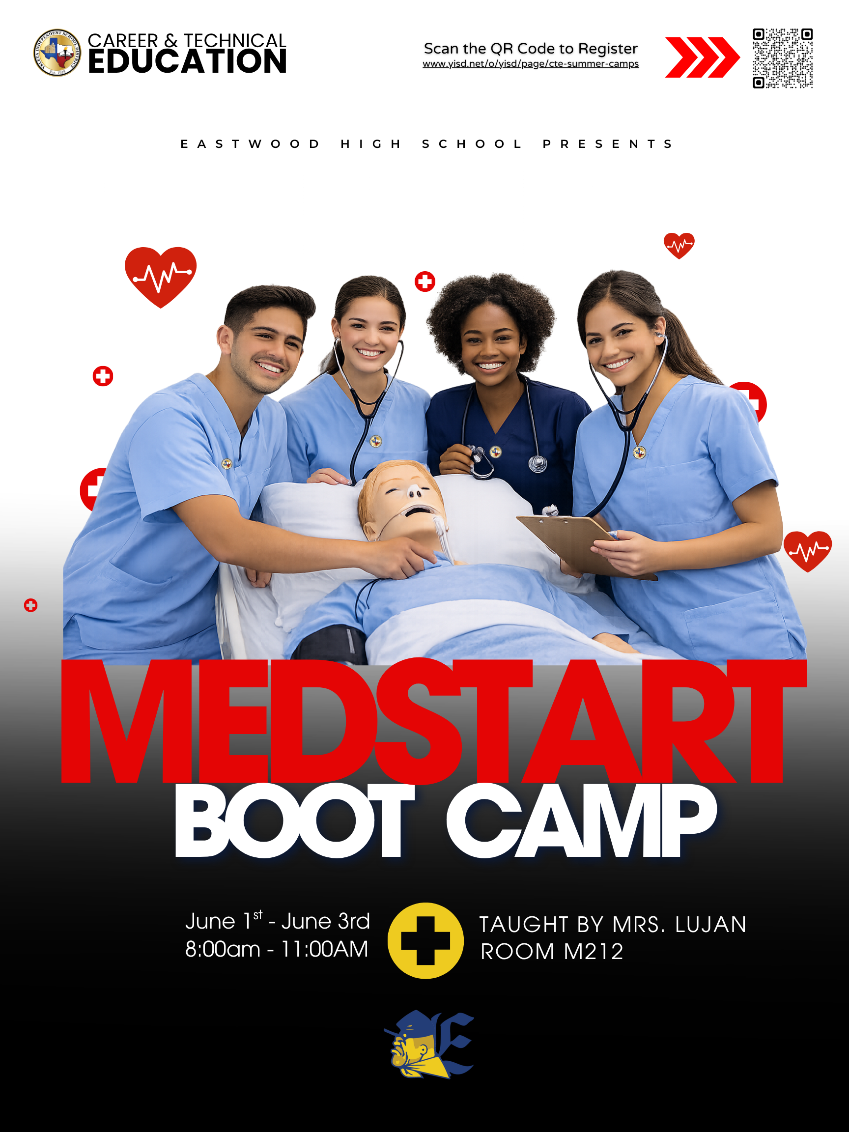 Eastwood High School MEDSTART Boot Camp. Four students in meidcal scrubs with stethoscopes working a  medical dummy.