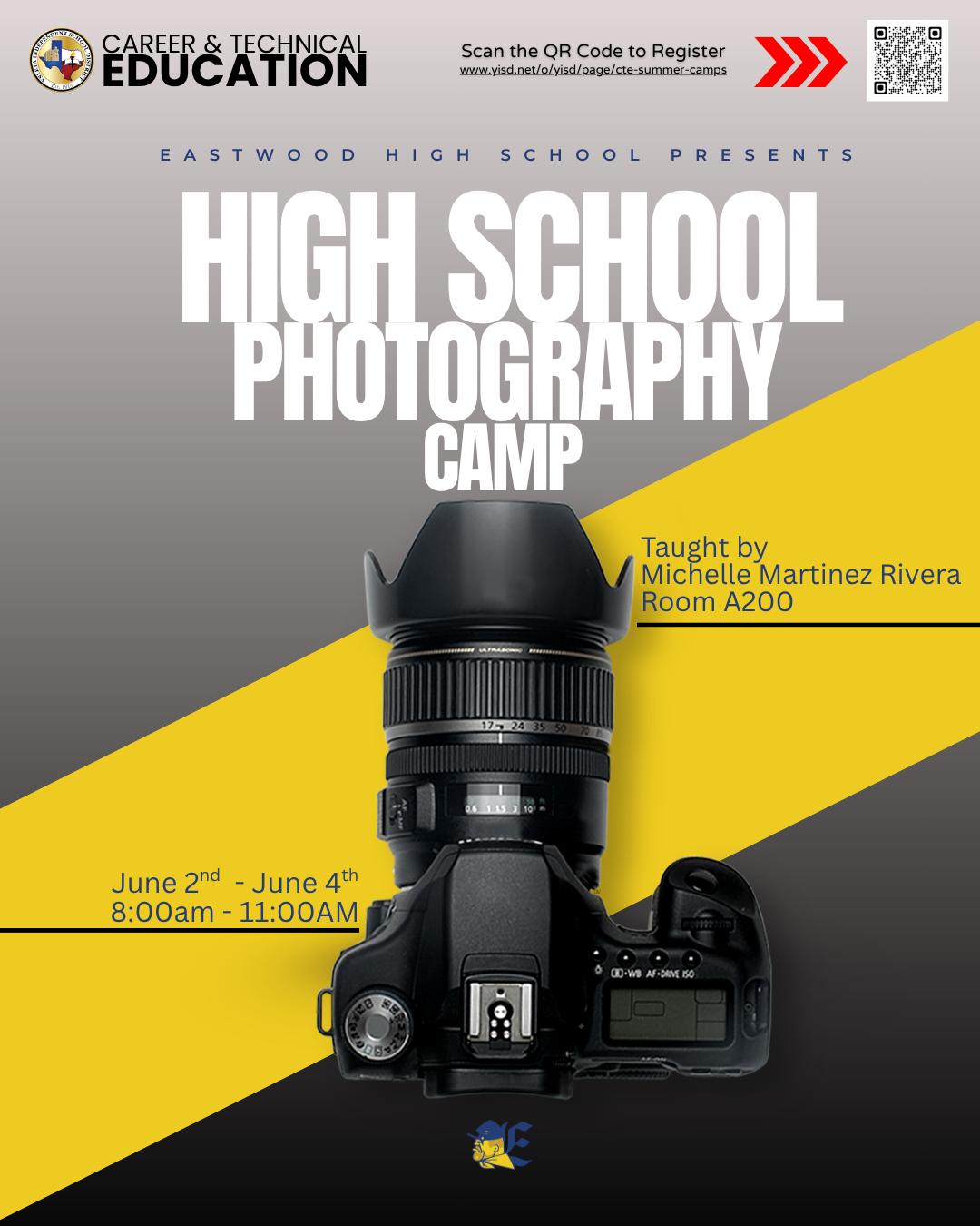 Eastwood High School Photography  Camp. A picture of a camera with a long lense. 