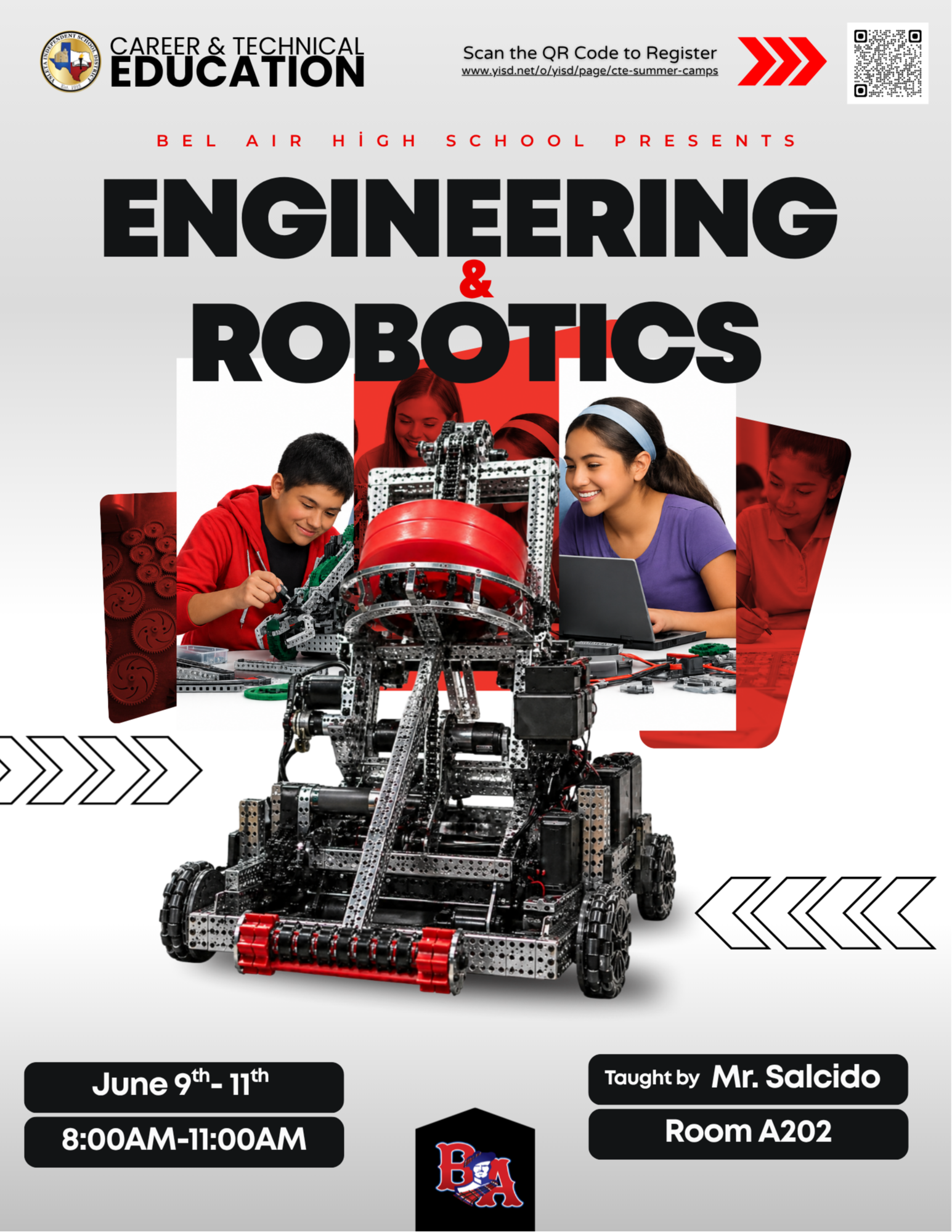 Bel Air High School Engineering and Robotics camp. numerous students working on a laptop and a robot smiling.