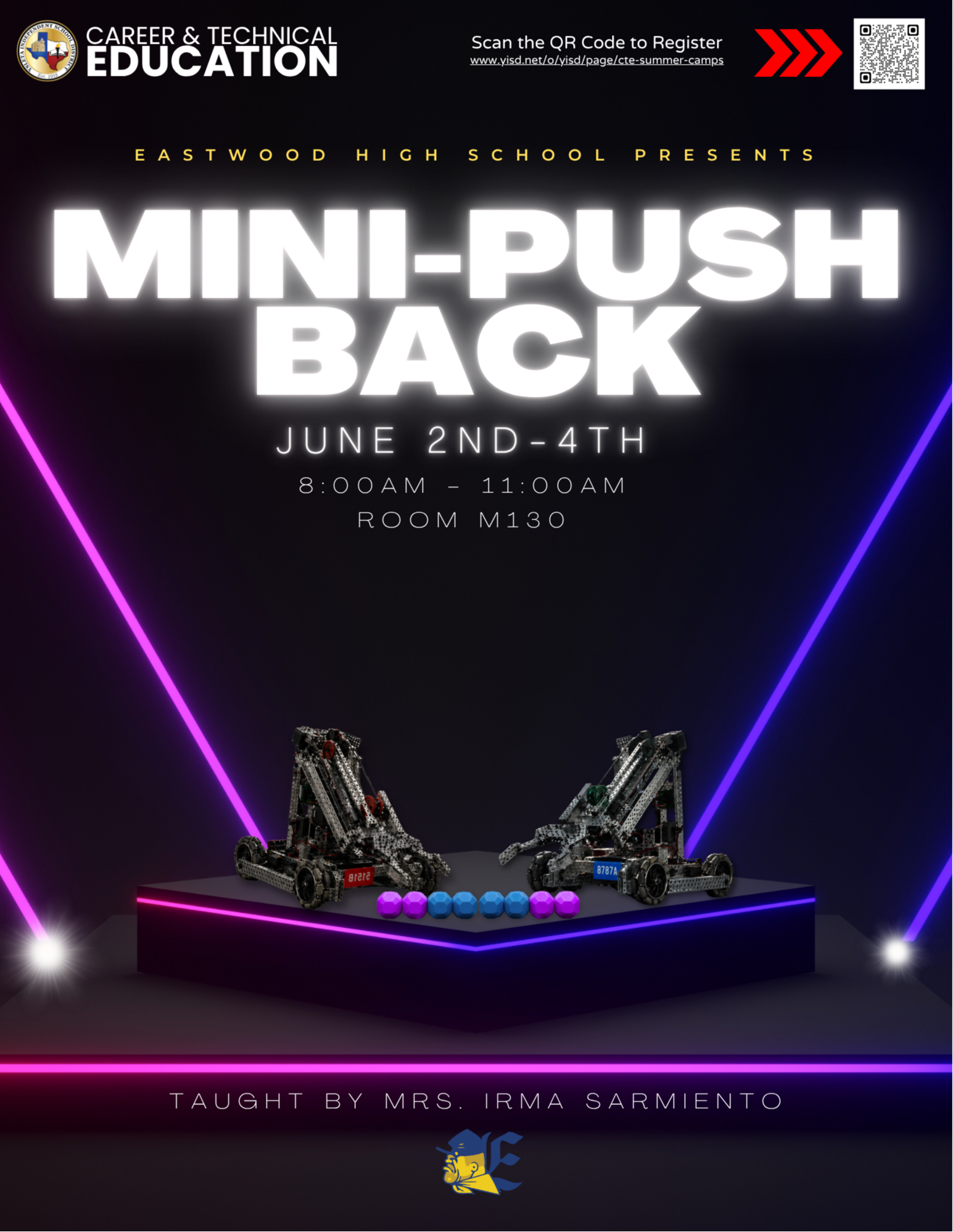 Eastwood High School Mini-Pushback Robotics Camp. Two robots an a robotic field with multi colored balls. several laser lights in purple. 