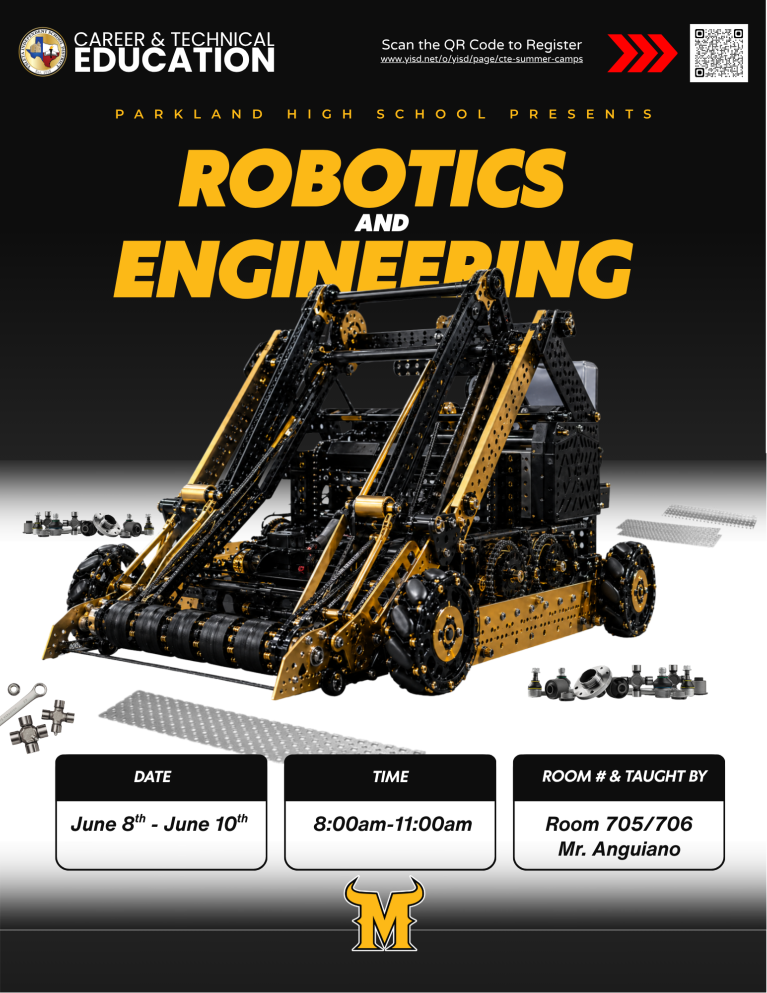 Parkland High School Robotics and Engineering Camp. A robot with different robot parts.