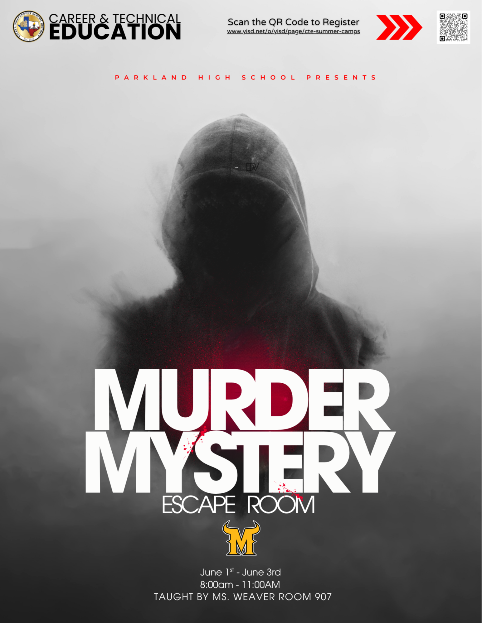 Parkland High School Escape Room Murder Mystery Camp. A siloute of a person in gray.