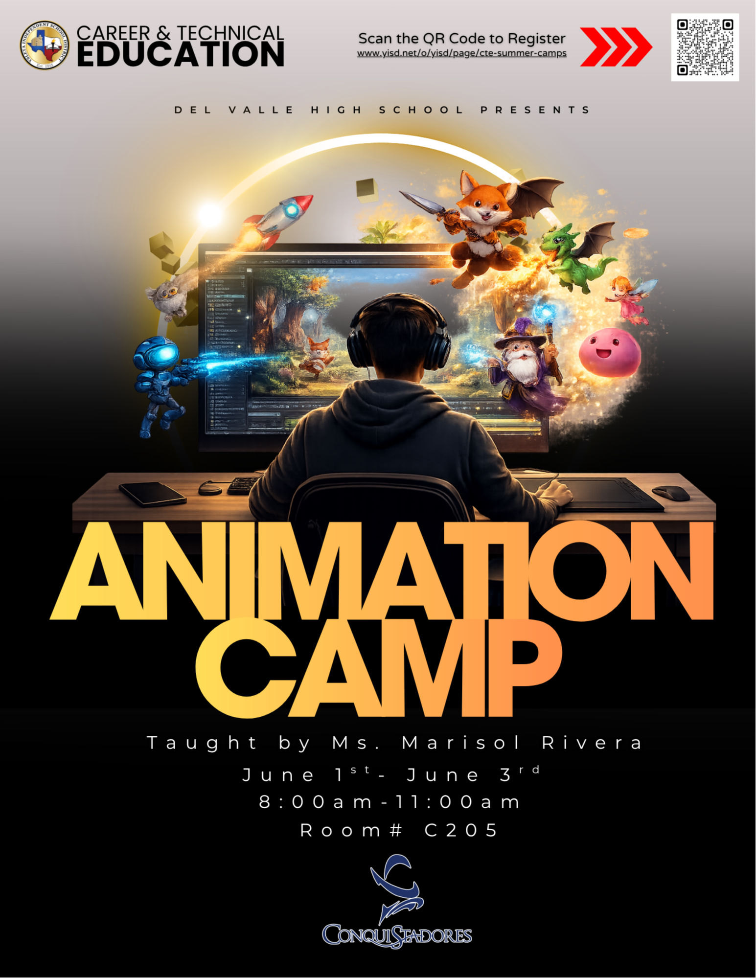Del Valle High School Animation Camp. Child at desk working on the computer with animated items surrounding the screen. 