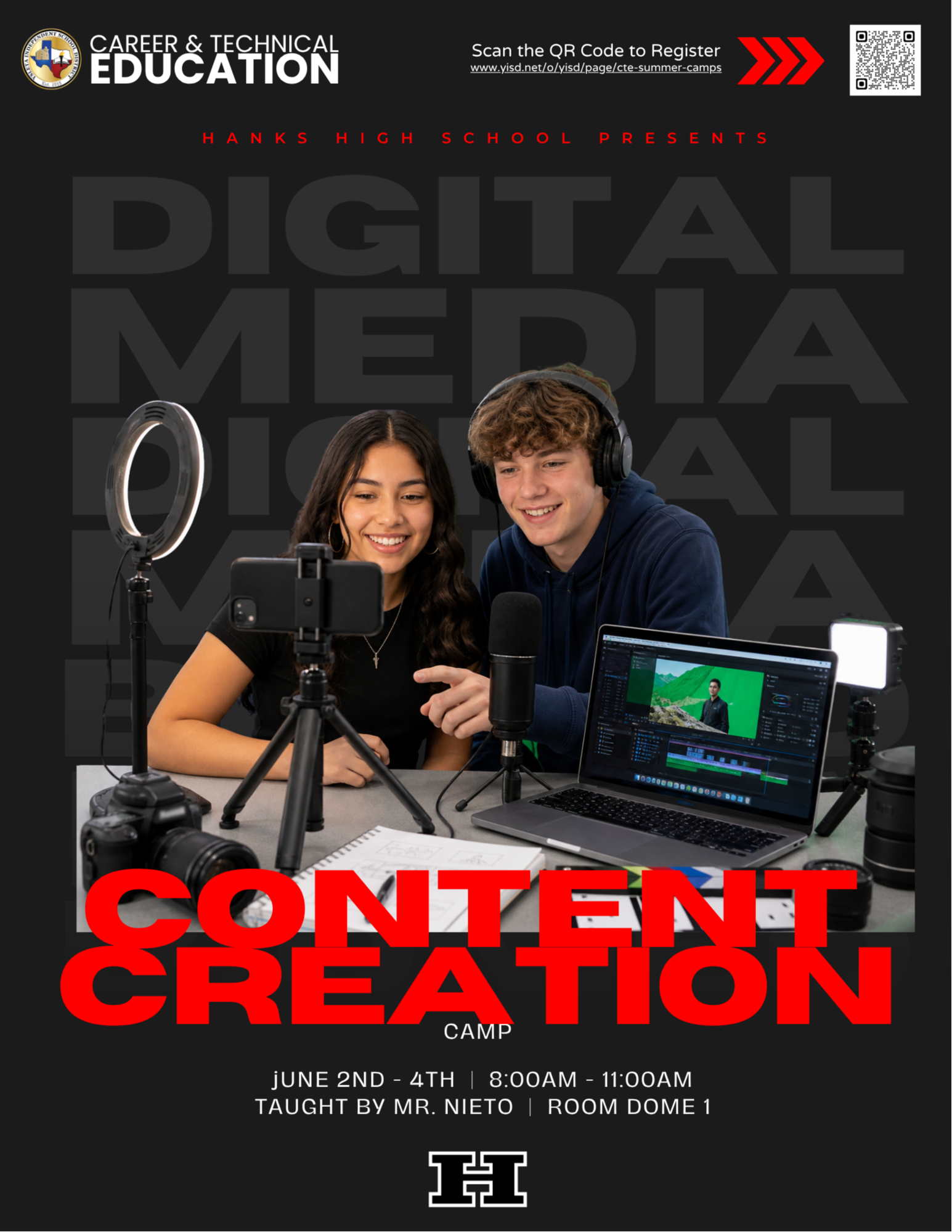 Content Creation Camp at Hanks High School..Two students working with a cellphone camera, microphone and a ring light.