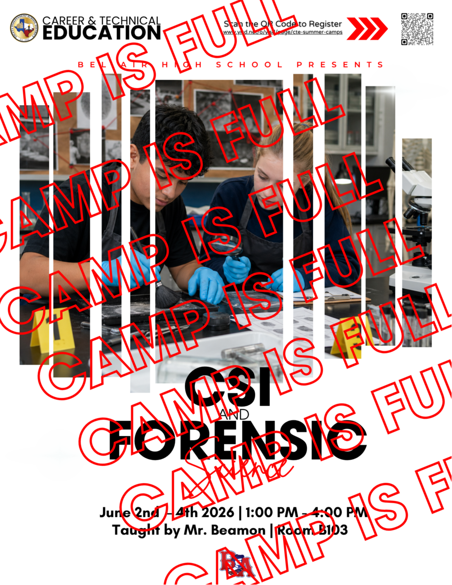 CSI and Forensic Science Camp at Bel Air High School. Two students with blue latex gloves using a hand lens and brush to observe fingerprints.. Camp is Full