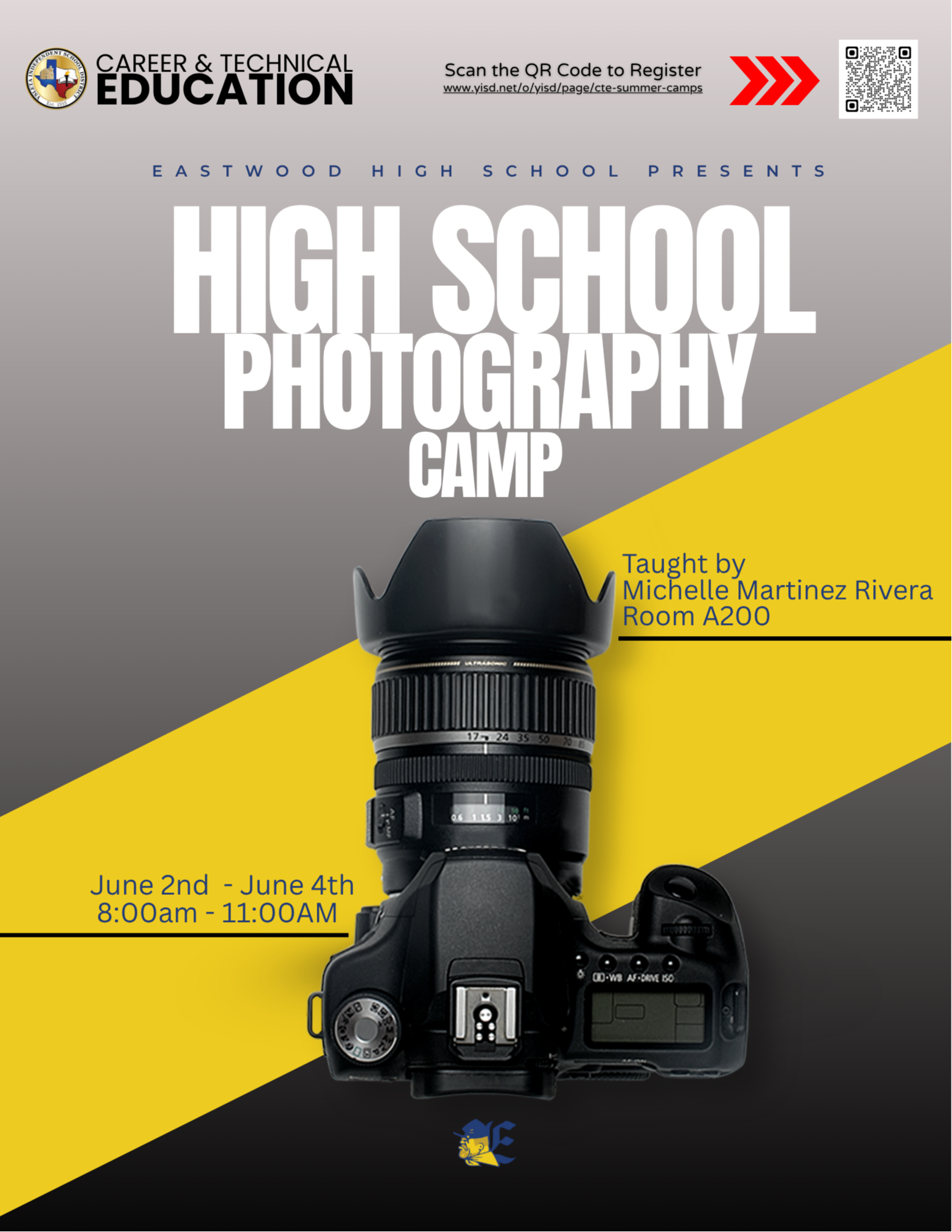 Eastwood High School Photography Camp. A picture of a camera with a long lense.