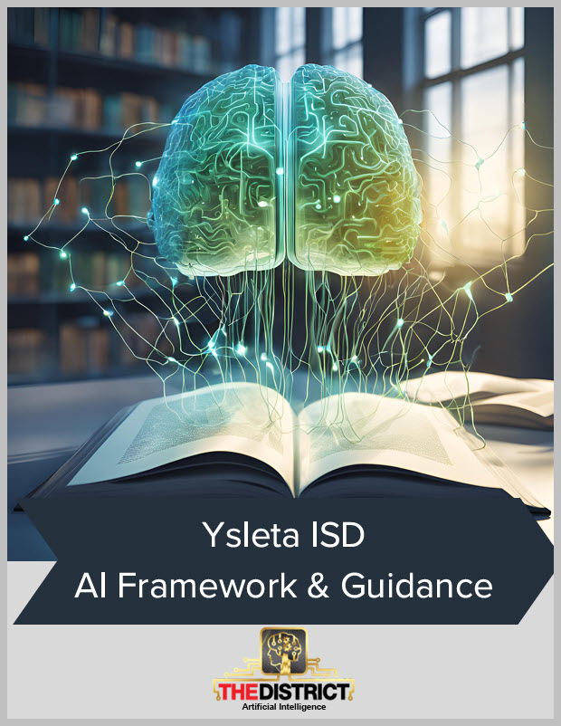 YISD AI Framework & Guidance cover. Picture of an AI generated brain over an open textbook