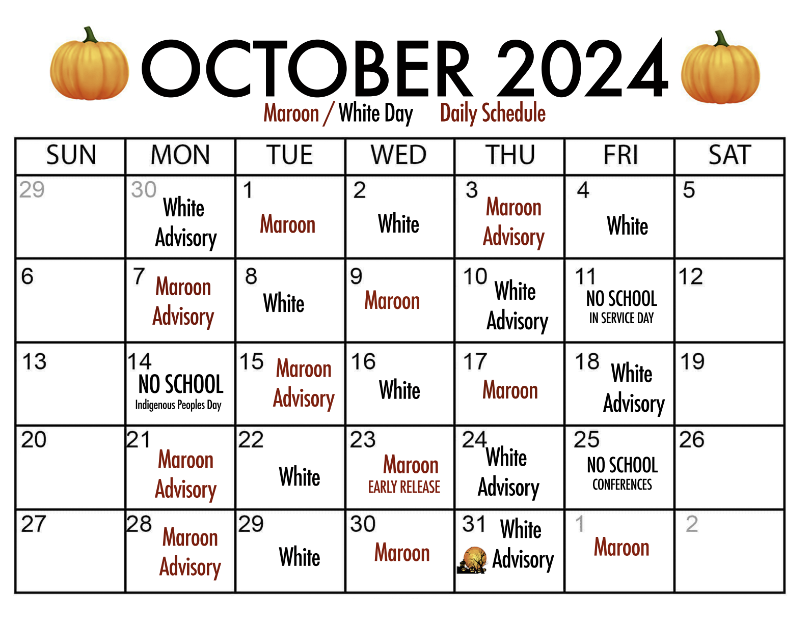 October Bell Schedule Calendar