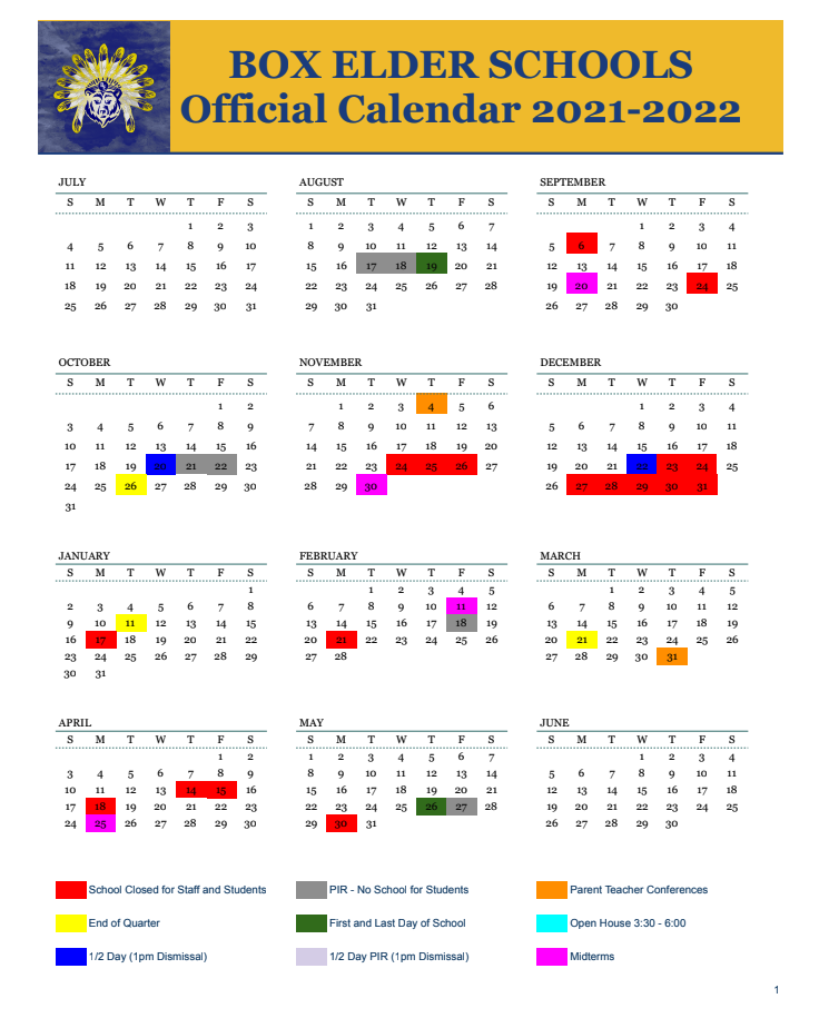 School Calendar Box Elder Public Schools