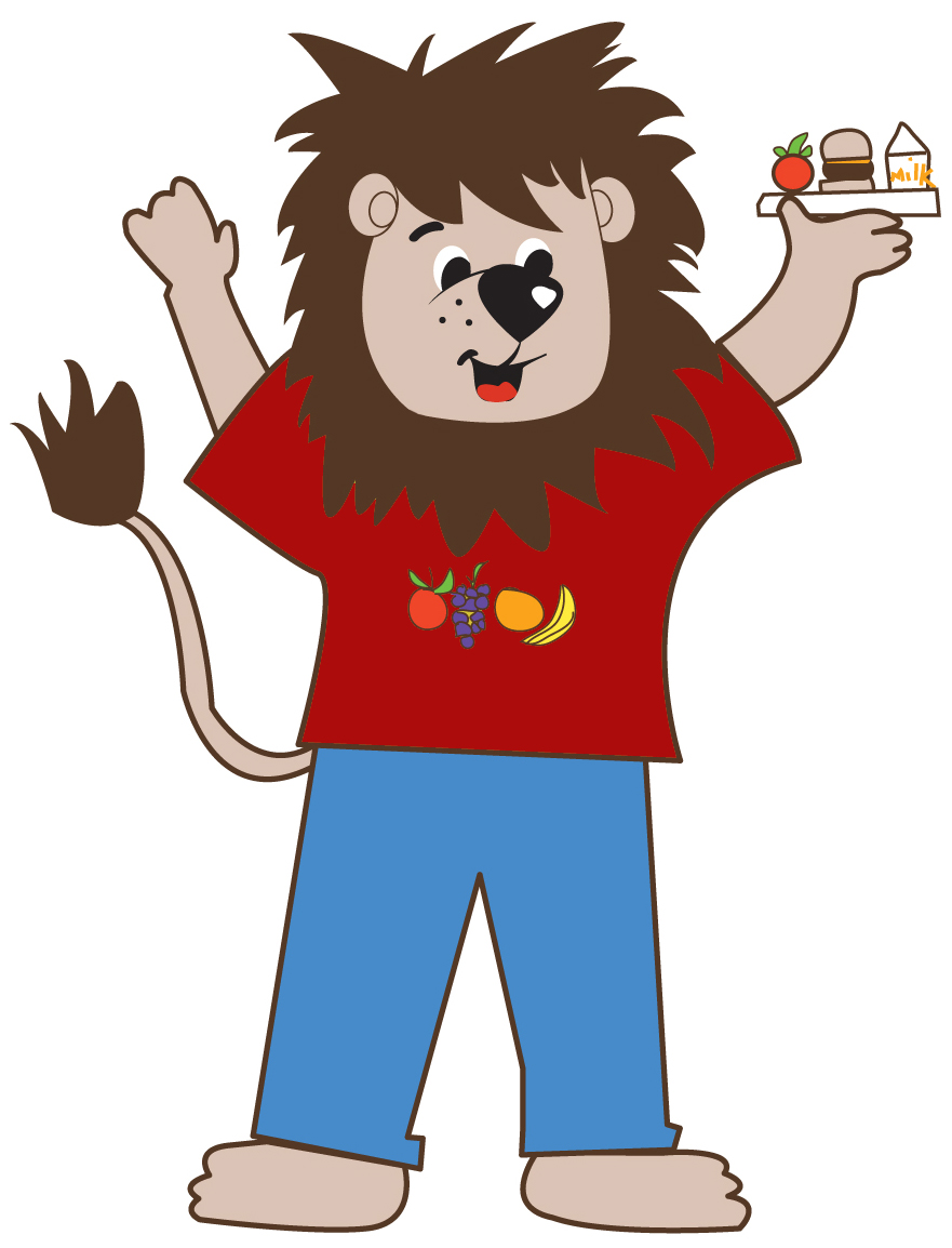 Image of Larry the Lunch Lion, a lion wearing red shirt and blue pants holding a tray with food