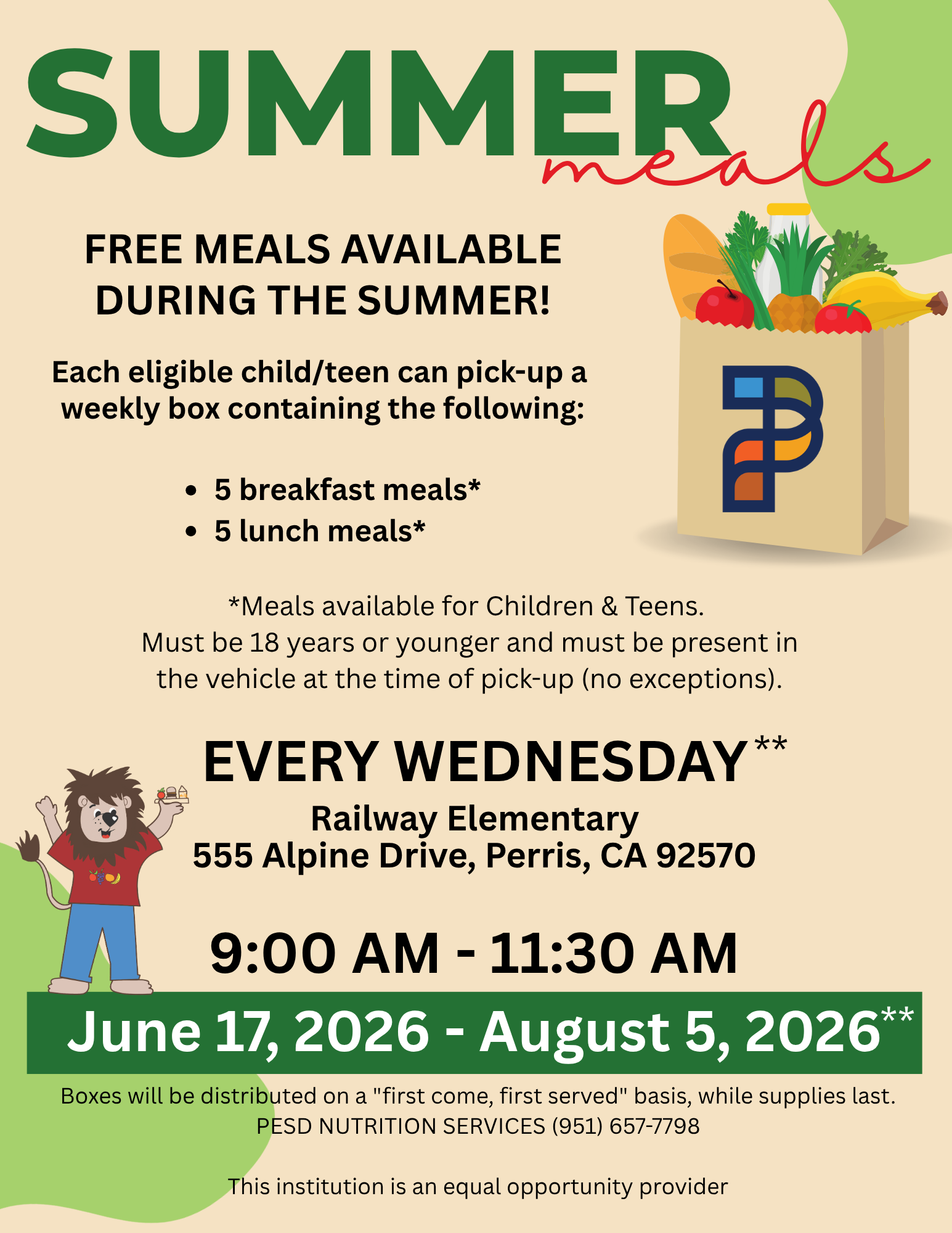 Summer Meals 6/17/2026 - 8/5/2026 Every WEdnesday at Railway Elementary