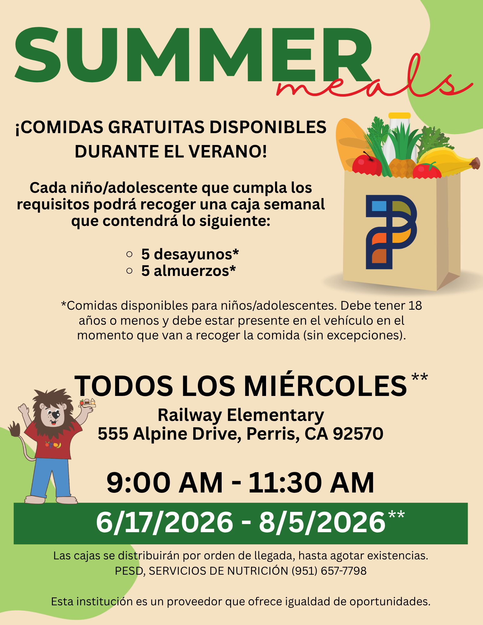 Comidas de Verano 6/17/2026 - 8/5/2026 todsos los miercoles en Railway Elementary